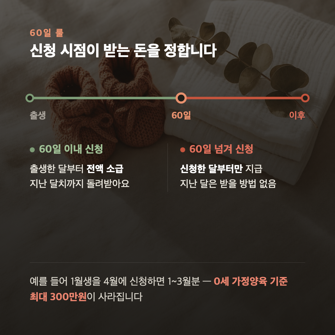 부모급여, 늦게 신청한 만큼 사라집니다 — 출생 후 60일이 기준입니다 카드 3